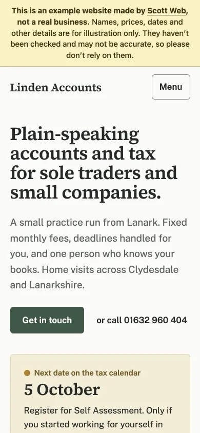 The Linden Accounts example site on a phone