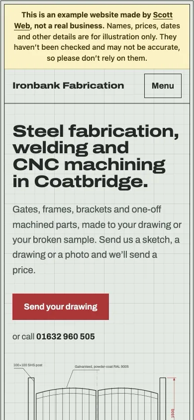 The Ironbank Fabrication example site on a phone